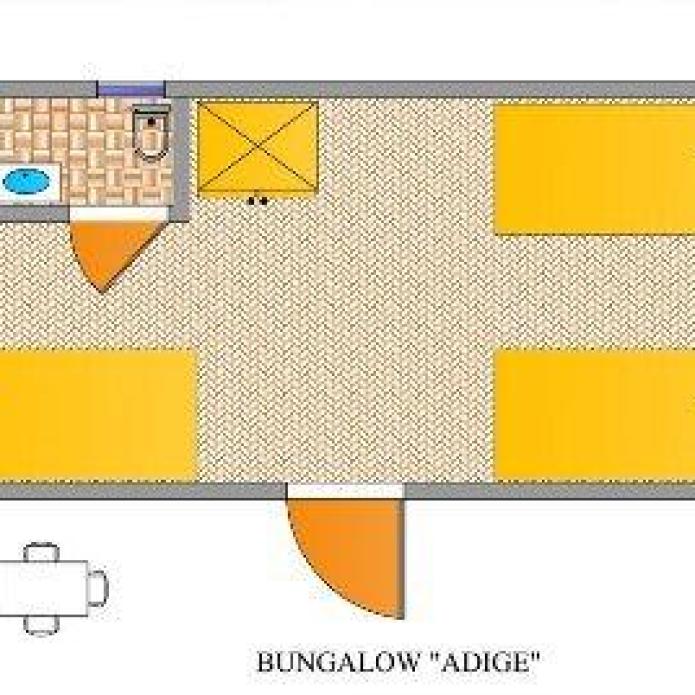 Bungalow with 4 beds, bathroom, and outdoor dining area.
