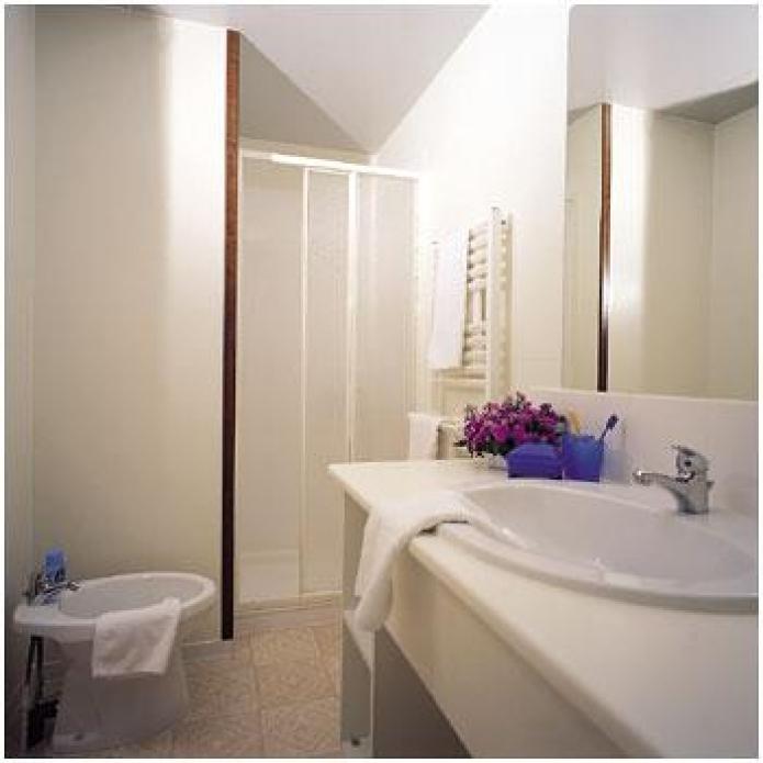 Salle de bain moderne avec douche, lavabo, bidet et fleurs sur le comptoir.